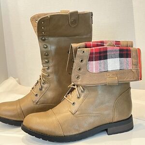 Refresh Boots Womens Size 11 Tan Combat Fold Over Plaid Lace Up Faux Leather Zip